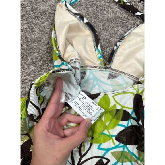 vintage y2k body i.d. ribbed tankini swim halter top retro groovy leaf print S/M - Picture 6 of 7